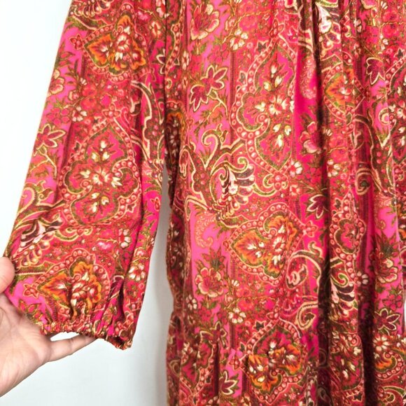 Julia Jordan Red Pink Floral Paisley Pleated V Neck Boho Tiered Flowy Maxi Dress - Picture 4 of 14